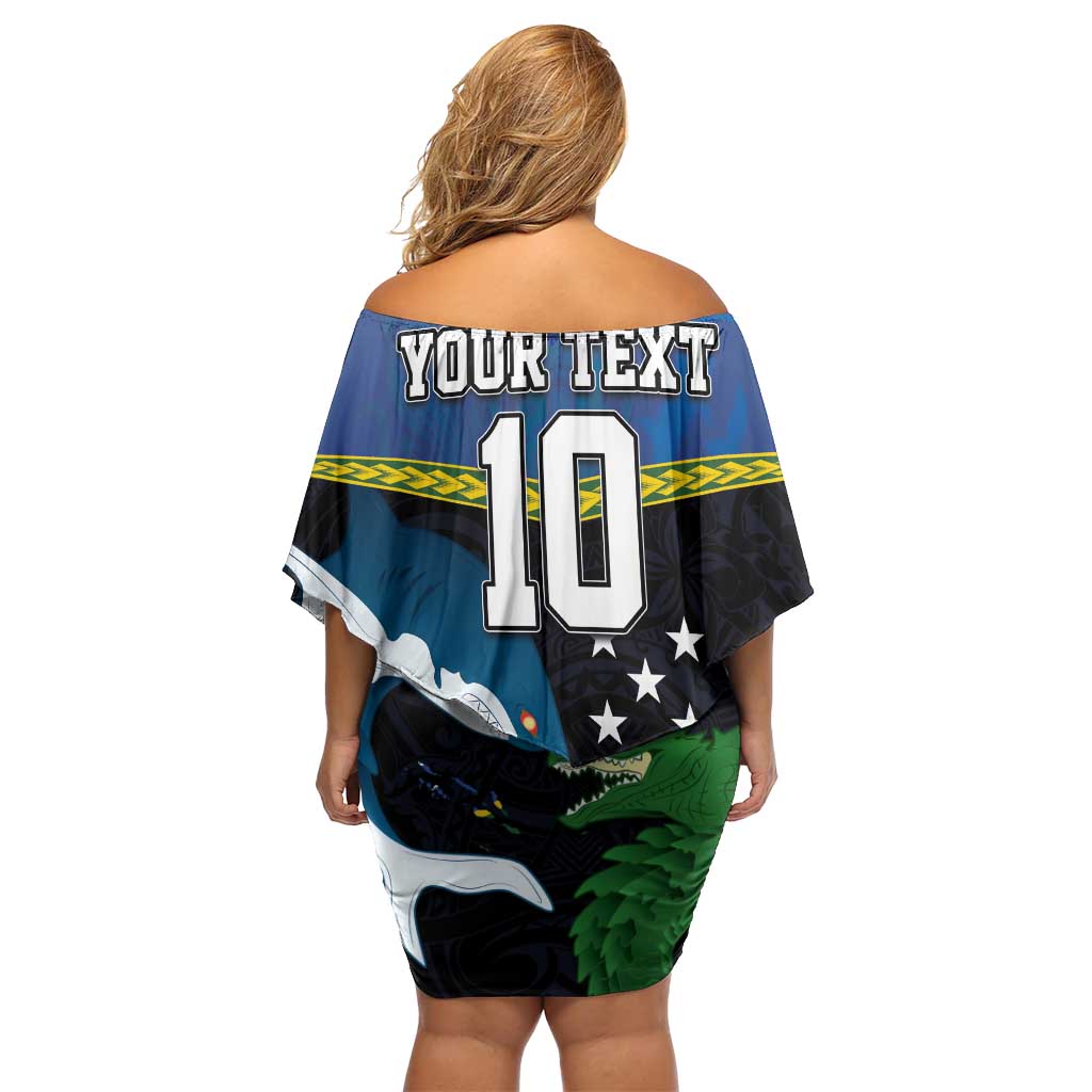Custom Solomon Islands Rugby Family Matching Off Shoulder Short Dress and Hawaiian Shirt Arty Shark and Crocodile Solomon Islands National Emblems LT03 - Polynesian Pride