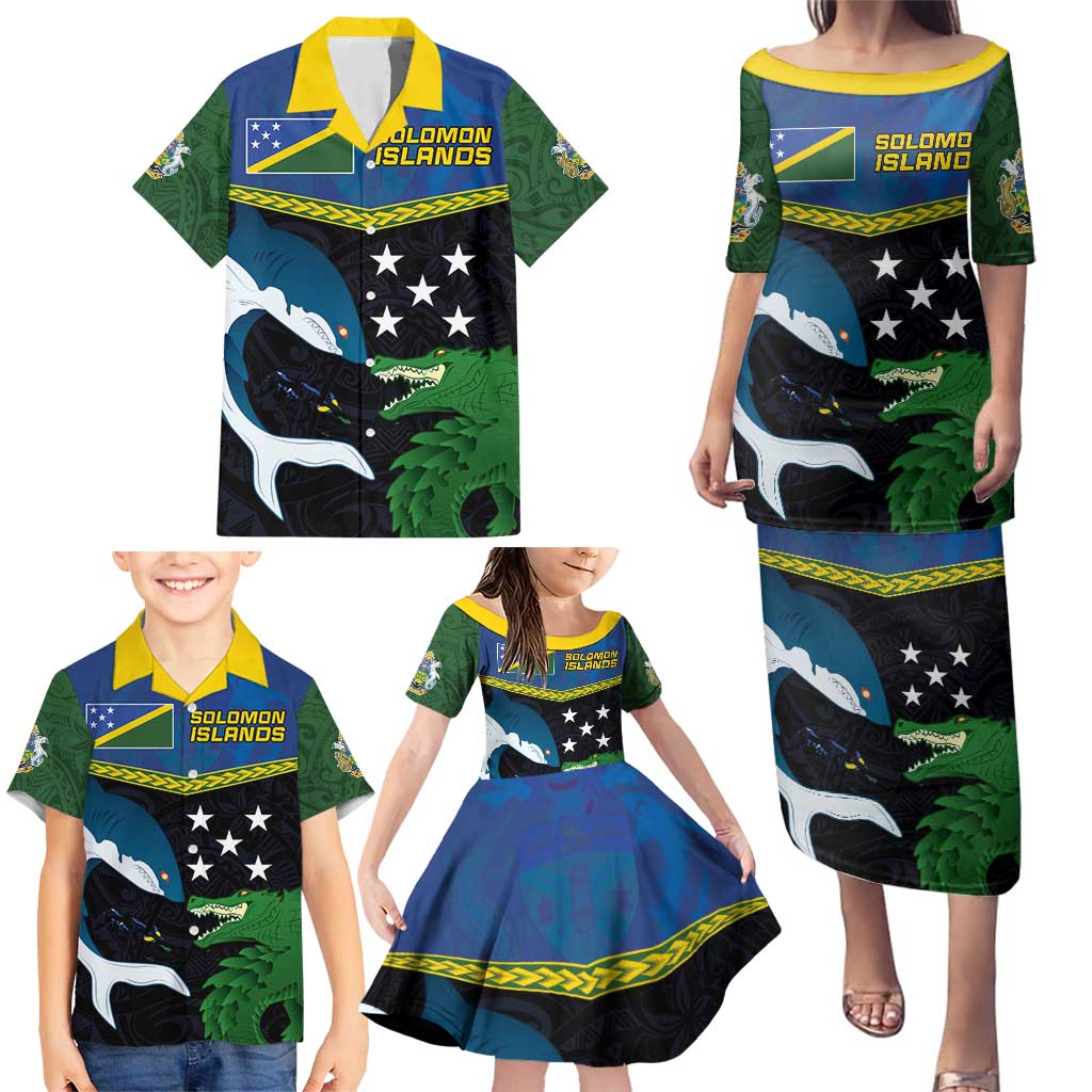 Custom Solomon Islands Rugby Family Matching Puletasi and Hawaiian Shirt Arty Shark and Crocodile Solomon Islands National Emblems LT03 - Polynesian Pride