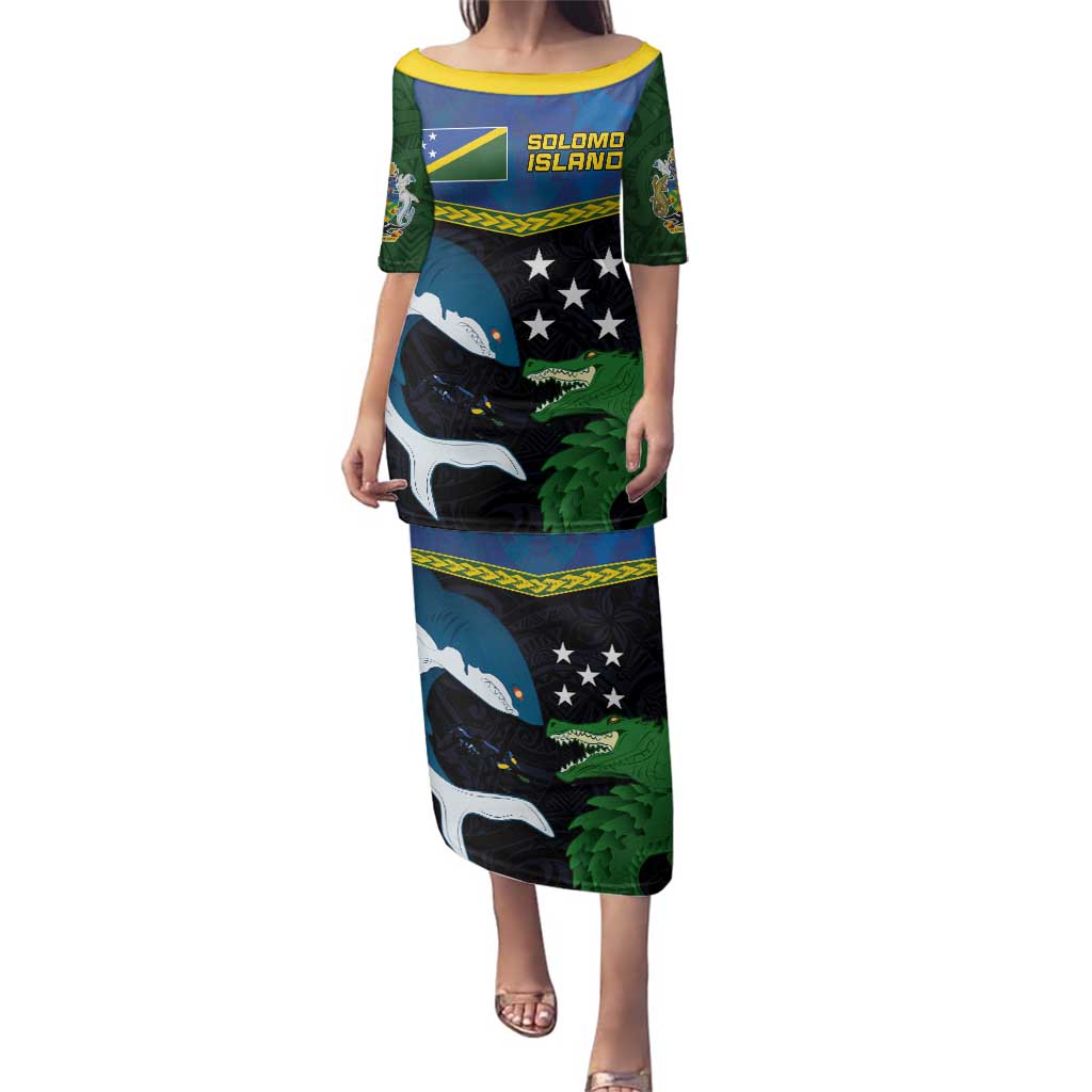 Custom Solomon Islands Rugby Family Matching Puletasi and Hawaiian Shirt Arty Shark and Crocodile Solomon Islands National Emblems LT03 Mom's Dress Blue - Polynesian Pride