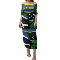 Custom Solomon Islands Rugby Family Matching Puletasi and Hawaiian Shirt Arty Shark and Crocodile Solomon Islands National Emblems LT03 Mom's Dress Blue - Polynesian Pride