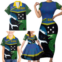 Custom Solomon Islands Rugby Family Matching Short Sleeve Bodycon Dress and Hawaiian Shirt Arty Shark and Crocodile Solomon Islands National Emblems LT03 - Polynesian Pride