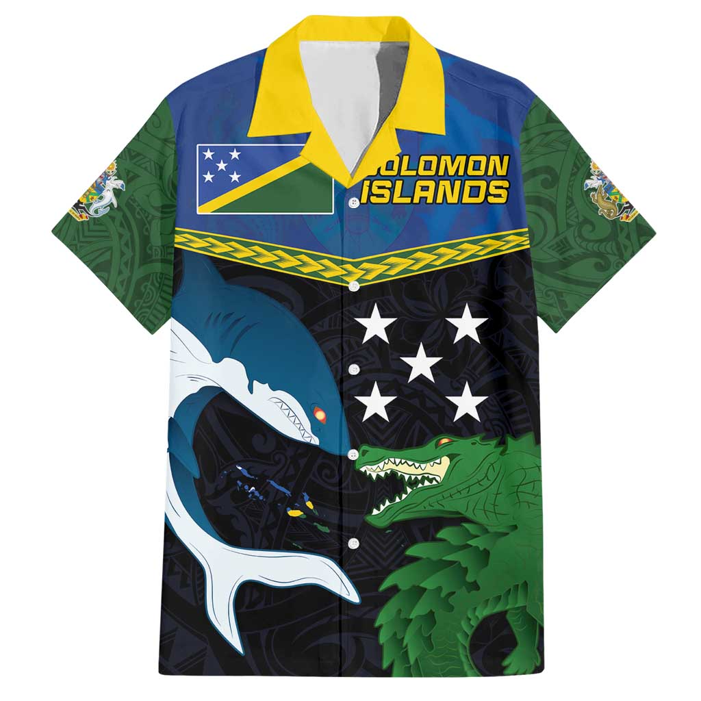 Custom Solomon Islands Rugby Family Matching Short Sleeve Bodycon Dress and Hawaiian Shirt Arty Shark and Crocodile Solomon Islands National Emblems LT03 Dad's Shirt - Short Sleeve Blue - Polynesian Pride