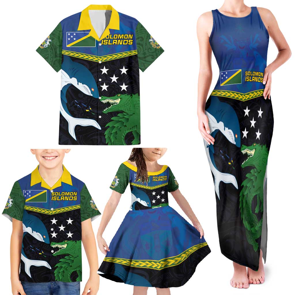 Custom Solomon Islands Rugby Family Matching Tank Maxi Dress and Hawaiian Shirt Arty Shark and Crocodile Solomon Islands National Emblems LT03 - Polynesian Pride