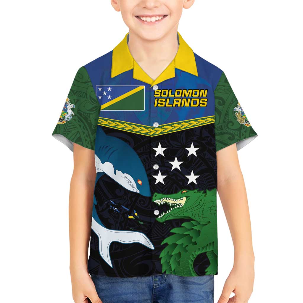 Custom Solomon Islands Rugby Family Matching Tank Maxi Dress and Hawaiian Shirt Arty Shark and Crocodile Solomon Islands National Emblems LT03 Son's Shirt Blue - Polynesian Pride