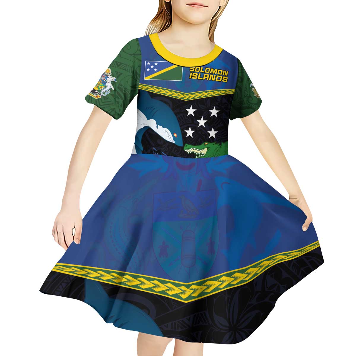 Custom Solomon Islands Rugby Kid Short Sleeve Dress Arty Shark and Crocodile Solomon Islands National Emblems