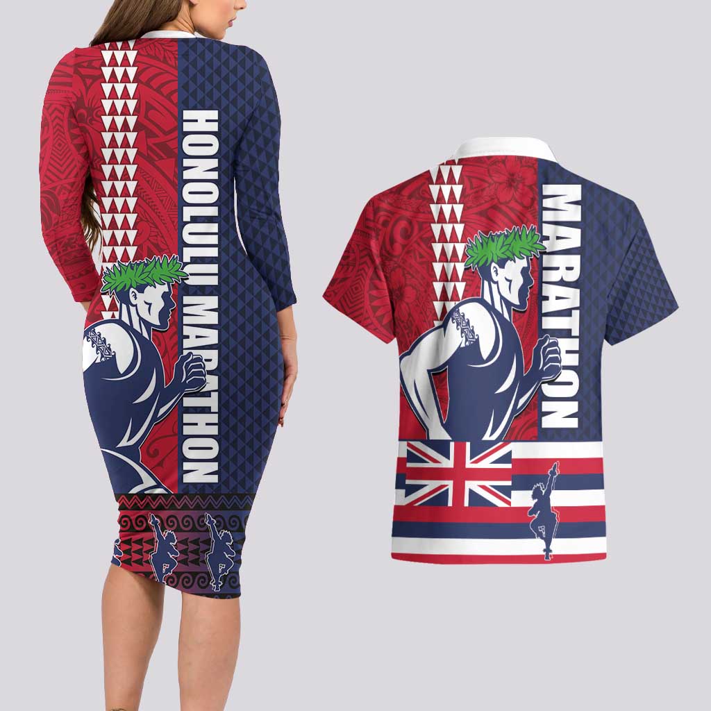 Honolulu Running 2024 Couples Matching Long Sleeve Bodycon Dress and Hawaiian Shirt Marathon Competition Hula Runner and Kakau Art Tattoo LT03 - Polynesian Pride