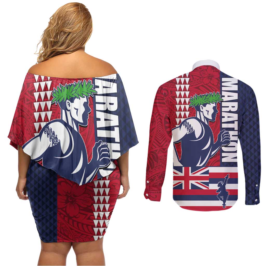 Honolulu Running 2024 Couples Matching Off Shoulder Short Dress and Long Sleeve Button Shirt Marathon Competition Hula Runner and Kakau Art Tattoo