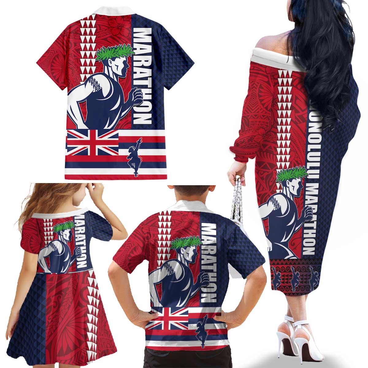 Honolulu Running 2024 Family Matching Off The Shoulder Long Sleeve Dress and Hawaiian Shirt Marathon Competition Hula Runner and Kakau Art Tattoo LT03 - Polynesian Pride