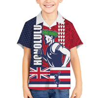 Honolulu Running 2024 Family Matching Off The Shoulder Long Sleeve Dress and Hawaiian Shirt Marathon Competition Hula Runner and Kakau Art Tattoo LT03 Son's Shirt Blue - Polynesian Pride