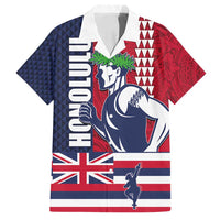 Honolulu Running 2024 Family Matching Off Shoulder Maxi Dress and Hawaiian Shirt Marathon Competition Hula Runner and Kakau Art Tattoo LT03 Dad's Shirt - Short Sleeve Blue - Polynesian Pride