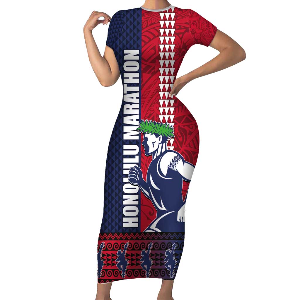 Honolulu Running 2024 Family Matching Short Sleeve Bodycon Dress and Hawaiian Shirt Marathon Competition Hula Runner and Kakau Art Tattoo