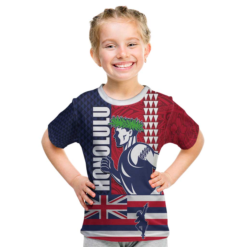 Honolulu Running 2024 Kid T Shirt Marathon Competition Hula Runner and Kakau Art Tattoo