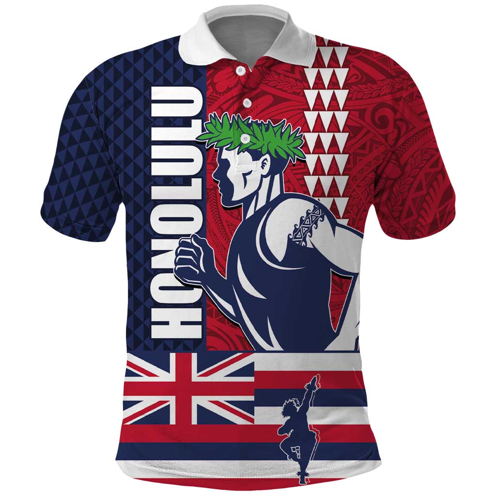 Honolulu Running 2024 Polo Shirt Marathon Competition Hula Runner and Kakau Art Tattoo LT03 Blue - Polynesian Pride