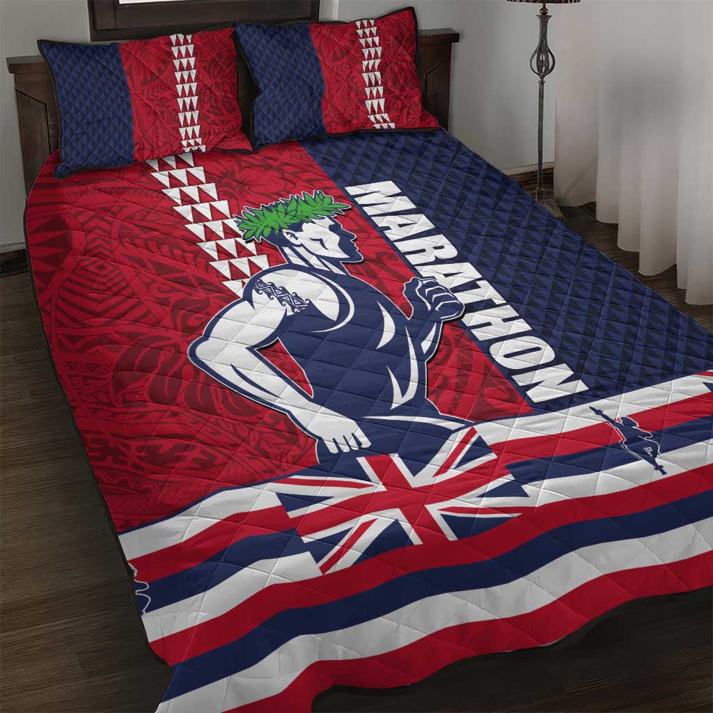 Honolulu Running 2024 Quilt Bed Set Marathon Competition Hula Runner and Kakau Art Tattoo LT03 Blue - Polynesian Pride