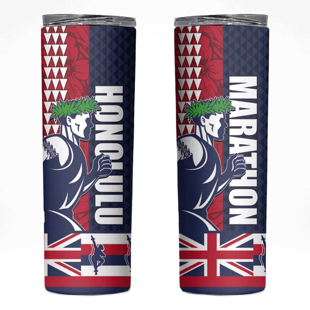 Honolulu Running 2024 Skinny Tumbler Marathon Competition Hula Runner and Kakau Art Tattoo LT03 Blue - Polynesian Pride
