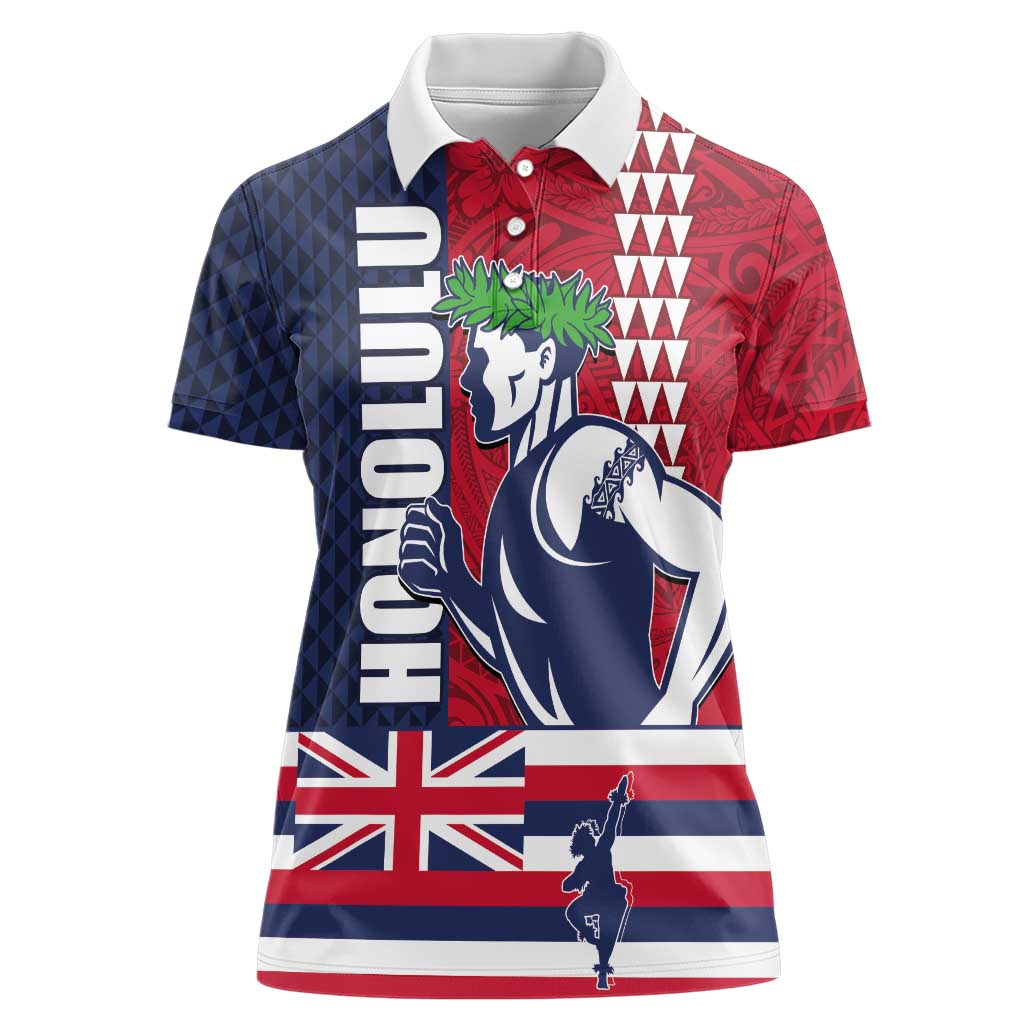 Honolulu Running 2024 Women Polo Shirt Marathon Competition Hula Runner and Kakau Art Tattoo