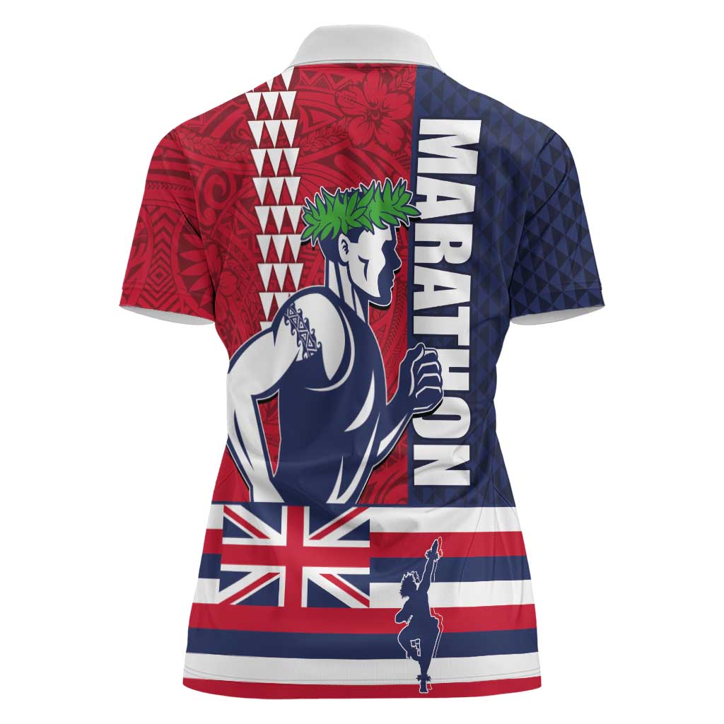 Honolulu Running 2024 Women Polo Shirt Marathon Competition Hula Runner and Kakau Art Tattoo
