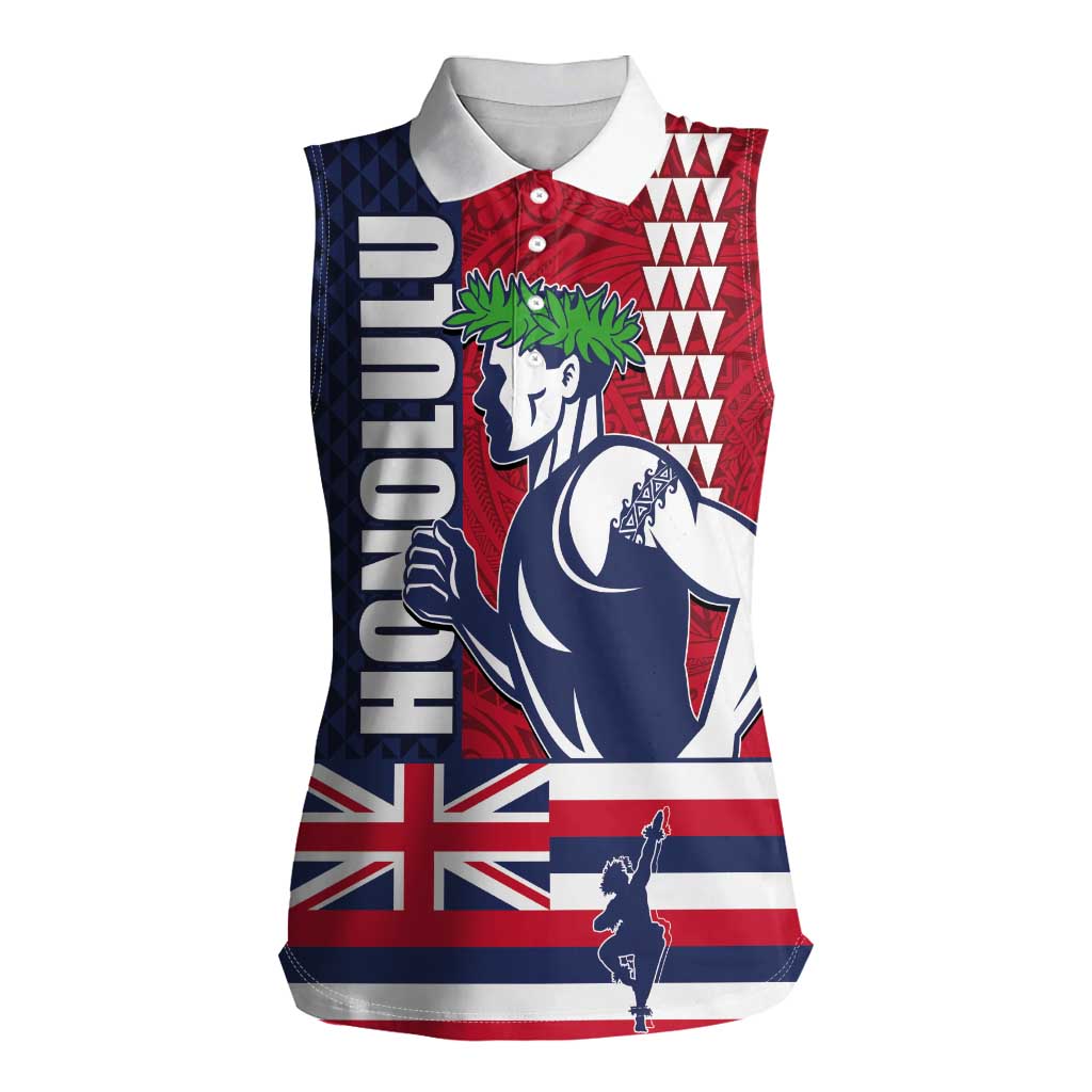 Honolulu Running 2024 Women Sleeveless Polo Shirt Marathon Competition Hula Runner and Kakau Art Tattoo LT03 Female Blue - Polynesian Pride