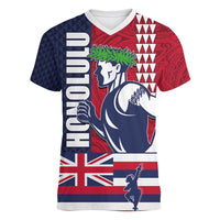 Honolulu Running 2024 Women V-Neck T-Shirt Marathon Competition Hula Runner and Kakau Art Tattoo LT03 Female Blue - Polynesian Pride