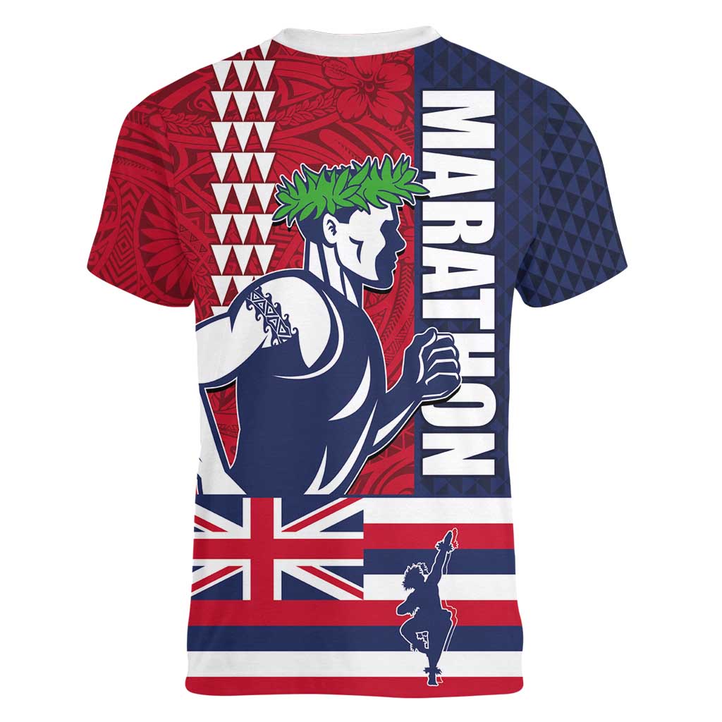 Honolulu Running 2024 Women V-Neck T-Shirt Marathon Competition Hula Runner and Kakau Art Tattoo LT03 - Polynesian Pride