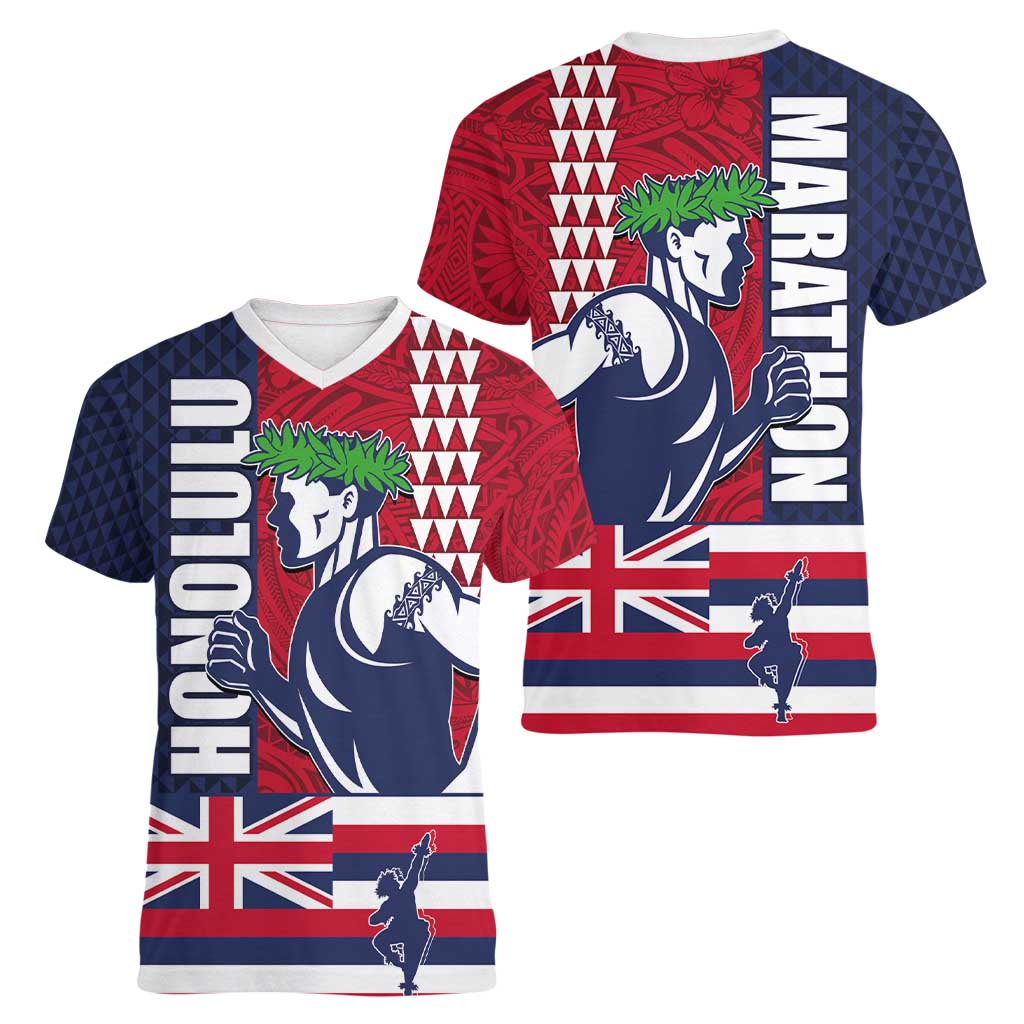 Honolulu Running 2024 Women V-Neck T-Shirt Marathon Competition Hula Runner and Kakau Art Tattoo LT03 - Polynesian Pride