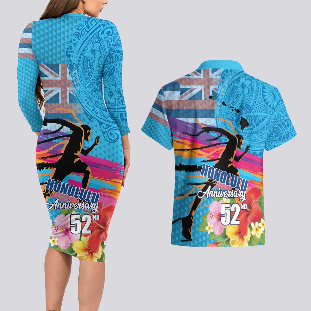 Honolulu Anniversary 52nd Running Couples Matching Long Sleeve Bodycon Dress and Hawaiian Shirt Marathon Competition Kakau Pattern Blue Color LT03 - Polynesian Pride