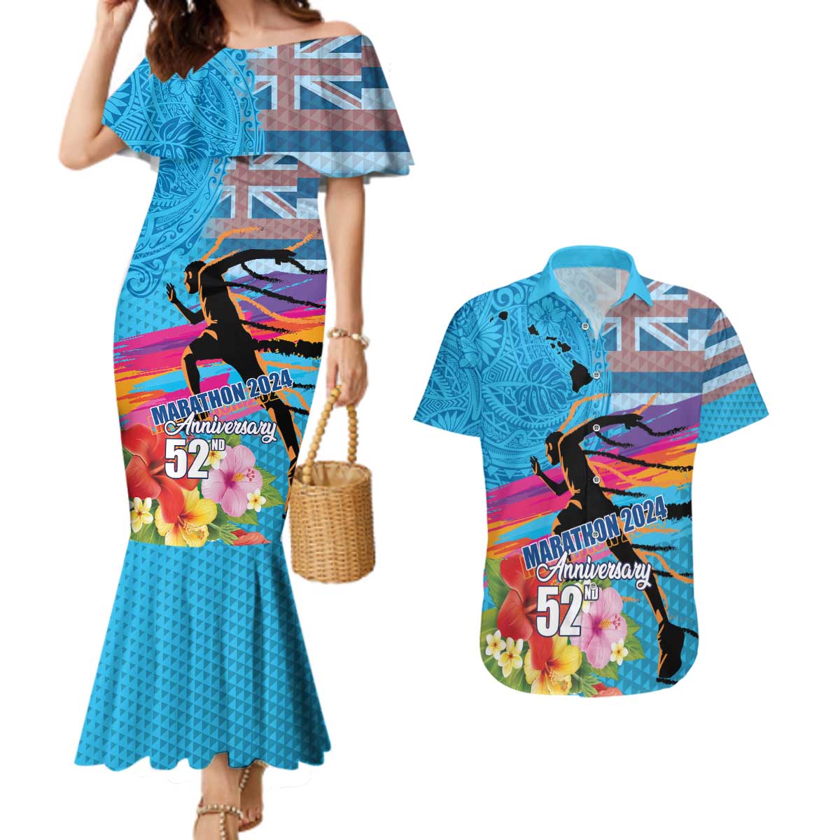 Honolulu Anniversary 52nd Running Couples Matching Mermaid Dress and Hawaiian Shirt Marathon Competition Kakau Pattern Blue Color LT03 Blue - Polynesian Pride