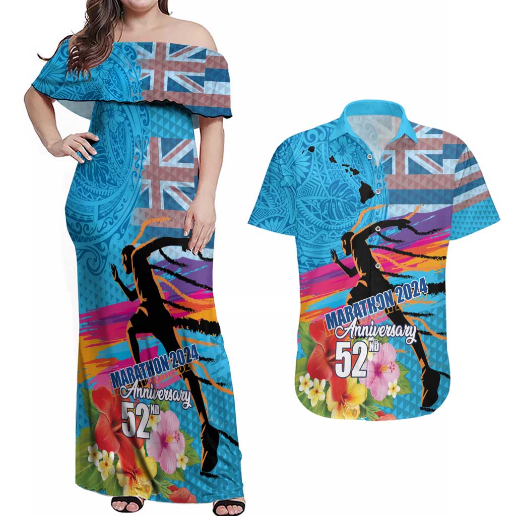 Honolulu Anniversary 52nd Running Couples Matching Off Shoulder Maxi Dress and Hawaiian Shirt Marathon Competition Kakau Pattern Blue Color LT03 Blue - Polynesian Pride