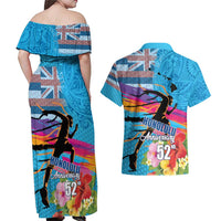 Honolulu Anniversary 52nd Running Couples Matching Off Shoulder Maxi Dress and Hawaiian Shirt Marathon Competition Kakau Pattern Blue Color LT03 - Polynesian Pride