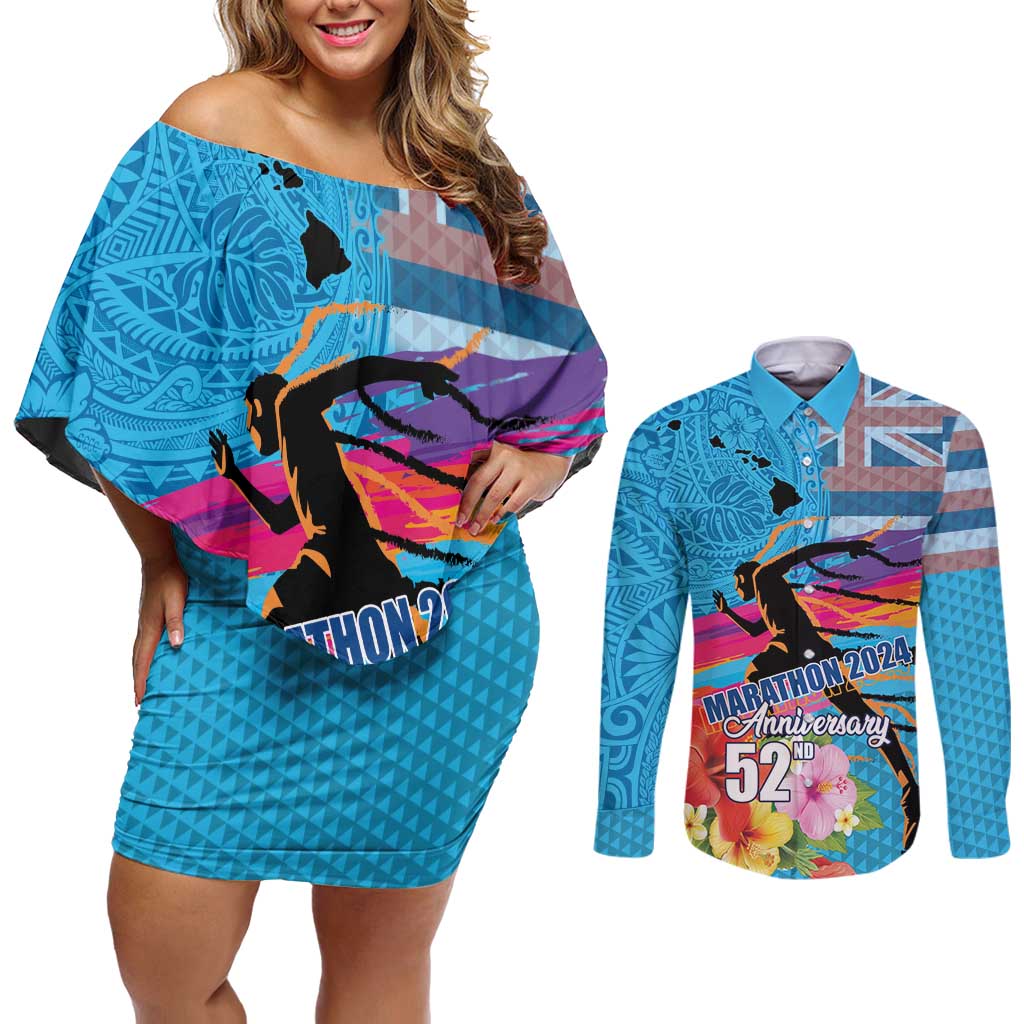 Honolulu Anniversary 52nd Running Couples Matching Off Shoulder Short Dress and Long Sleeve Button Shirt Marathon Competition Kakau Pattern Blue Color