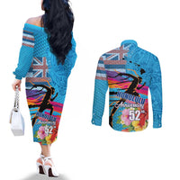 Honolulu Anniversary 52nd Running Couples Matching Off The Shoulder Long Sleeve Dress and Long Sleeve Button Shirt Marathon Competition Kakau Pattern Blue Color