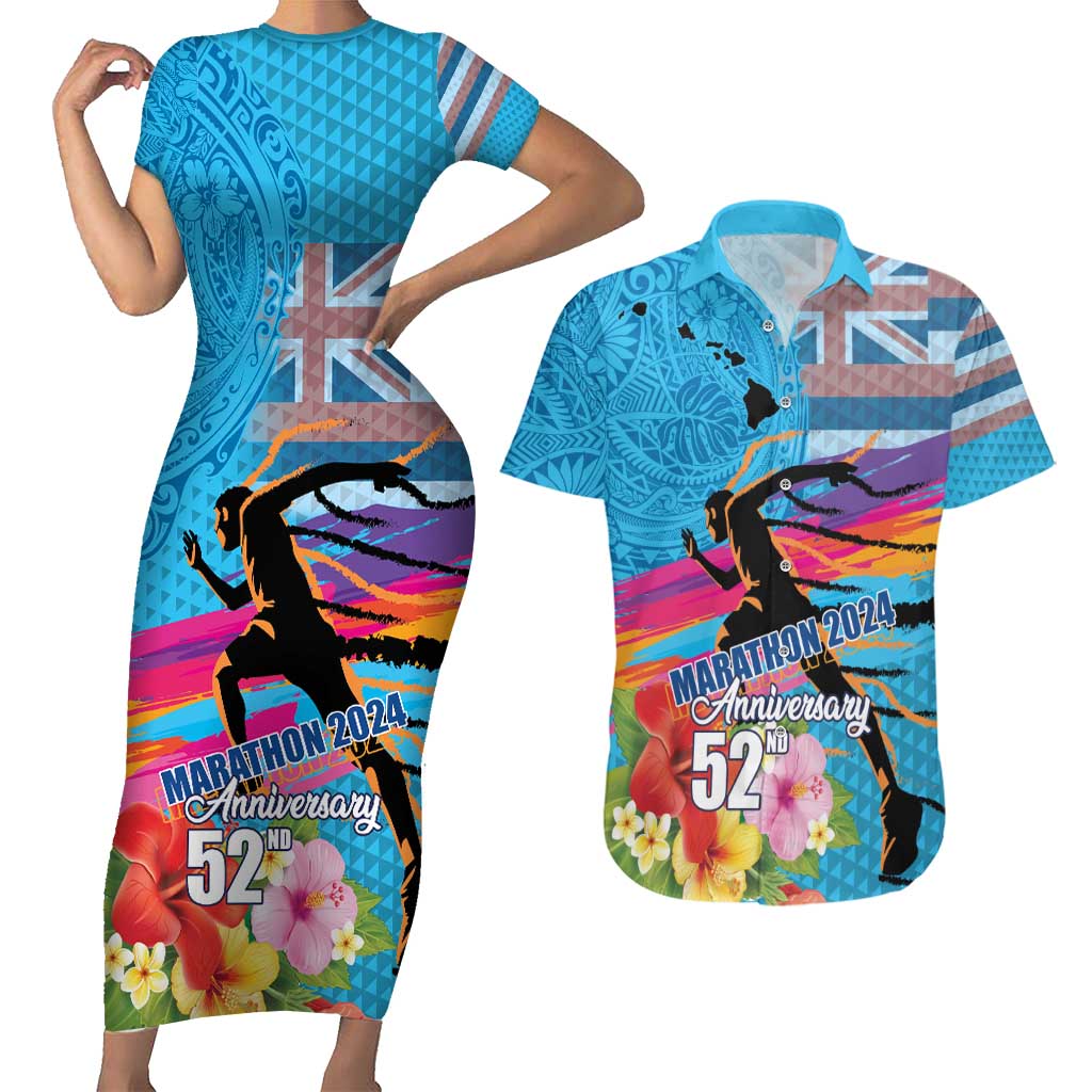 Honolulu Anniversary 52nd Running Couples Matching Short Sleeve Bodycon Dress and Hawaiian Shirt Marathon Competition Kakau Pattern Blue Color LT03 Blue - Polynesian Pride