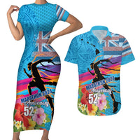 Honolulu Anniversary 52nd Running Couples Matching Short Sleeve Bodycon Dress and Hawaiian Shirt Marathon Competition Kakau Pattern Blue Color LT03 Blue - Polynesian Pride