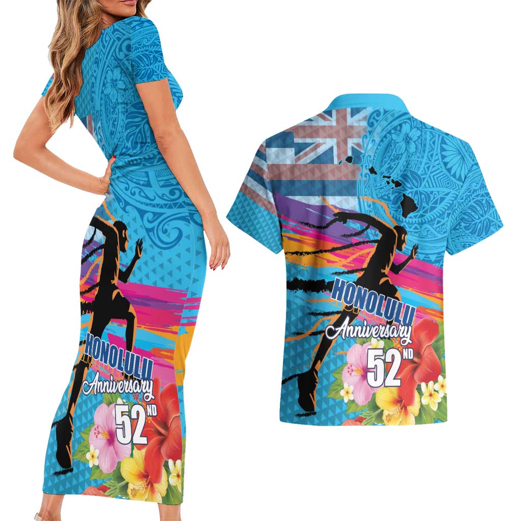 Honolulu Anniversary 52nd Running Couples Matching Short Sleeve Bodycon Dress and Hawaiian Shirt Marathon Competition Kakau Pattern Blue Color LT03 - Polynesian Pride