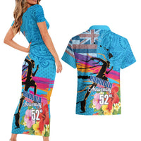 Honolulu Anniversary 52nd Running Couples Matching Short Sleeve Bodycon Dress and Hawaiian Shirt Marathon Competition Kakau Pattern Blue Color LT03 - Polynesian Pride