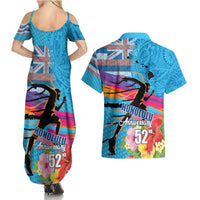 Honolulu Anniversary 52nd Running Couples Matching Summer Maxi Dress and Hawaiian Shirt Marathon Competition Kakau Pattern Blue Color