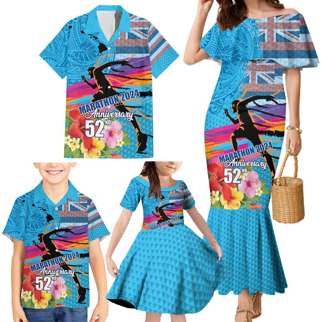 Honolulu Anniversary 52nd Running Family Matching Mermaid Dress and Hawaiian Shirt Marathon Competition Kakau Pattern Blue Color LT03 - Polynesian Pride