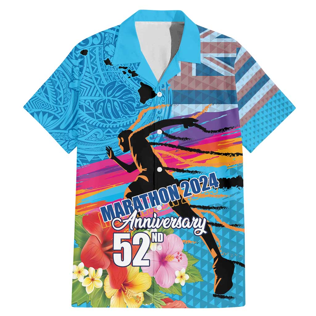 Honolulu Anniversary 52nd Running Family Matching Mermaid Dress and Hawaiian Shirt Marathon Competition Kakau Pattern Blue Color LT03 Dad's Shirt - Short Sleeve Blue - Polynesian Pride