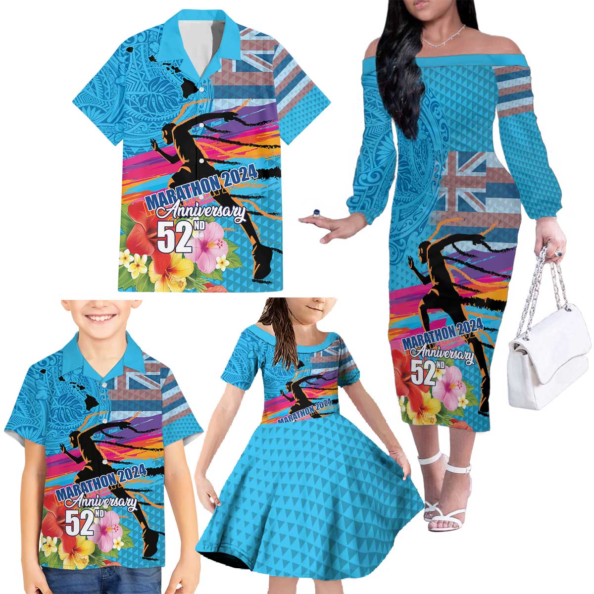 Honolulu Anniversary 52nd Running Family Matching Off The Shoulder Long Sleeve Dress and Hawaiian Shirt Marathon Competition Kakau Pattern Blue Color LT03 - Polynesian Pride