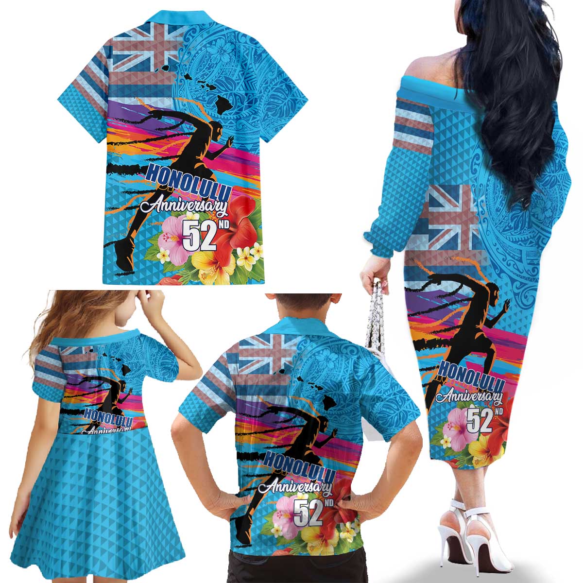 Honolulu Anniversary 52nd Running Family Matching Off The Shoulder Long Sleeve Dress and Hawaiian Shirt Marathon Competition Kakau Pattern Blue Color LT03 - Polynesian Pride