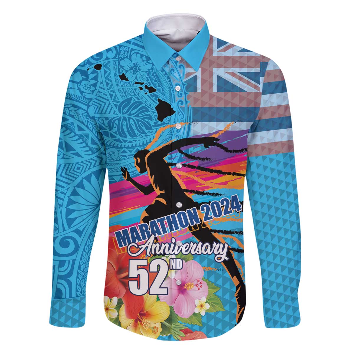 Honolulu Anniversary 52nd Running Family Matching Off The Shoulder Long Sleeve Dress and Hawaiian Shirt Marathon Competition Kakau Pattern Blue Color LT03 Dad's Shirt - Long Sleeve Blue - Polynesian Pride