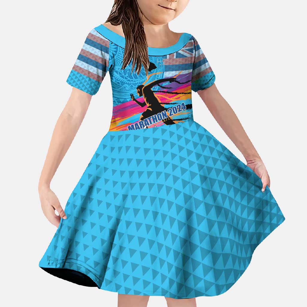 Honolulu Anniversary 52nd Running Family Matching Off Shoulder Maxi Dress and Hawaiian Shirt Marathon Competition Kakau Pattern Blue Color LT03 Daughter's Dress Blue - Polynesian Pride