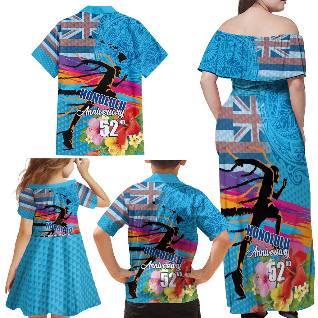 Honolulu Anniversary 52nd Running Family Matching Off Shoulder Maxi Dress and Hawaiian Shirt Marathon Competition Kakau Pattern Blue Color LT03 - Polynesian Pride