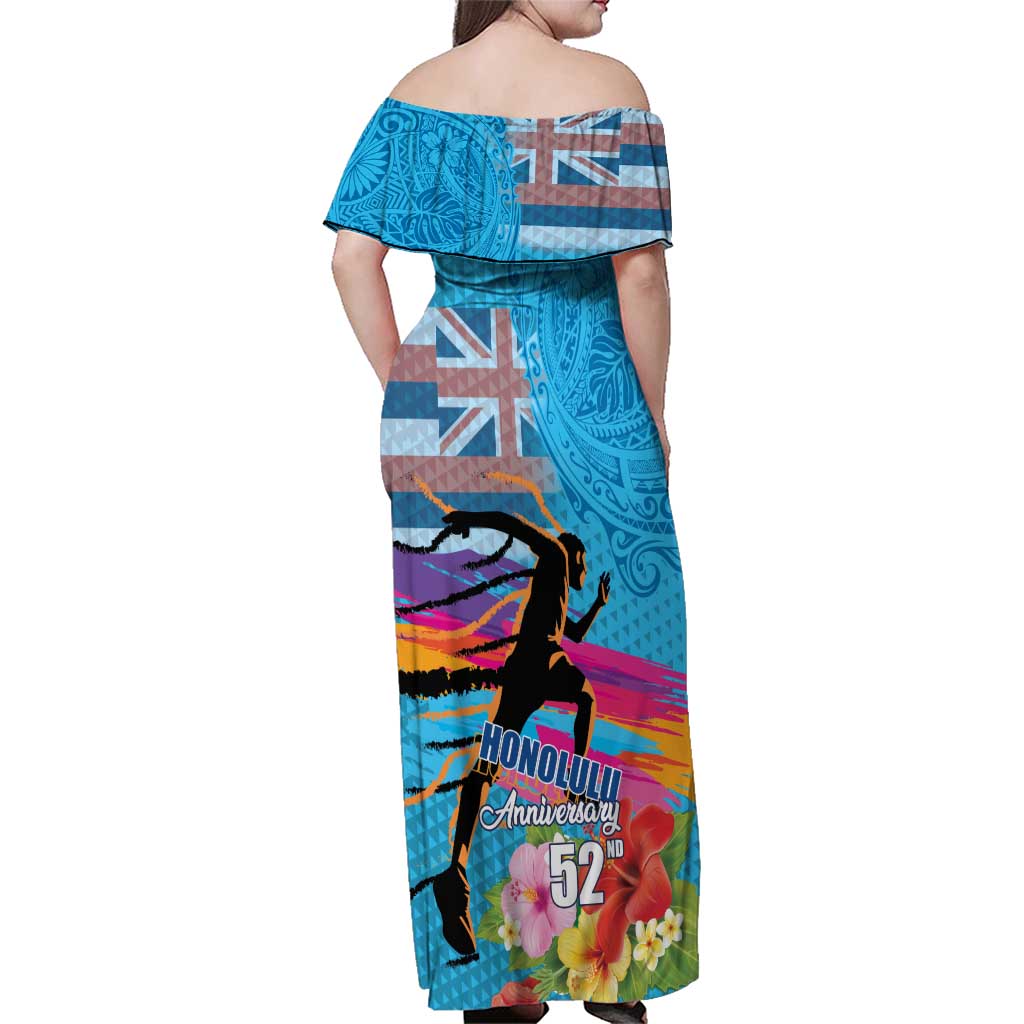 Honolulu Anniversary 52nd Running Family Matching Off Shoulder Maxi Dress and Hawaiian Shirt Marathon Competition Kakau Pattern Blue Color LT03 - Polynesian Pride