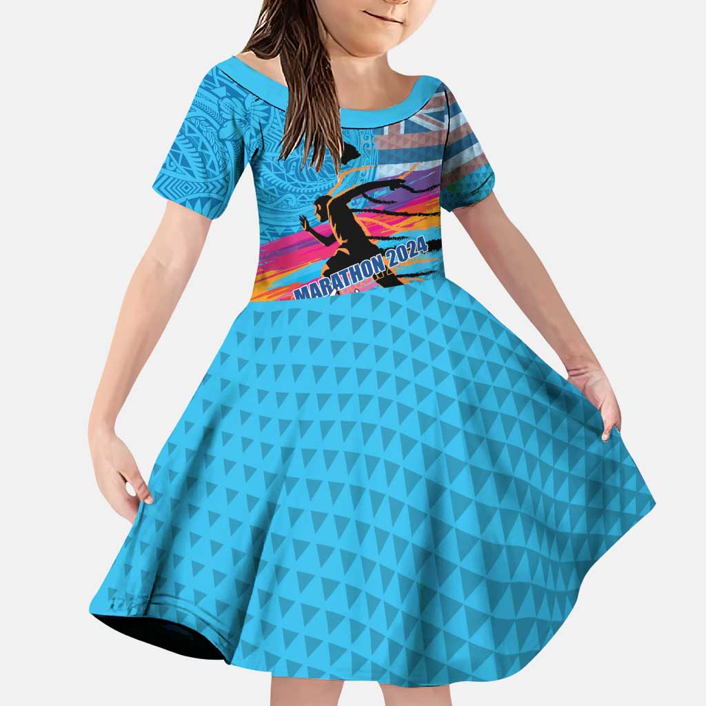 Honolulu Anniversary 52nd Running Family Matching Puletasi and Hawaiian Shirt Marathon Competition Kakau Pattern Blue Color LT03 Daughter's Dress Blue - Polynesian Pride