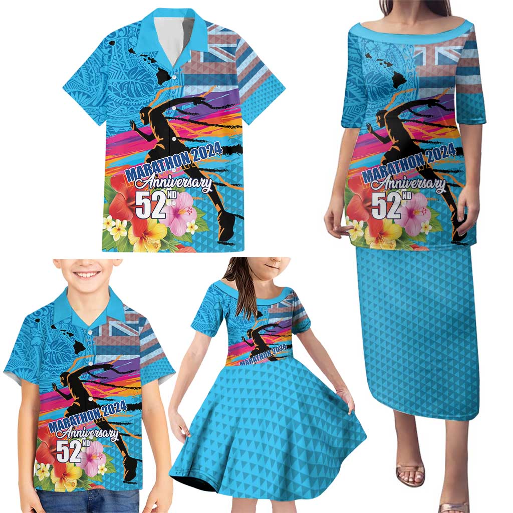 Honolulu Anniversary 52nd Running Family Matching Puletasi and Hawaiian Shirt Marathon Competition Kakau Pattern Blue Color LT03 - Polynesian Pride