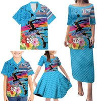 Honolulu Anniversary 52nd Running Family Matching Puletasi and Hawaiian Shirt Marathon Competition Kakau Pattern Blue Color LT03 - Polynesian Pride