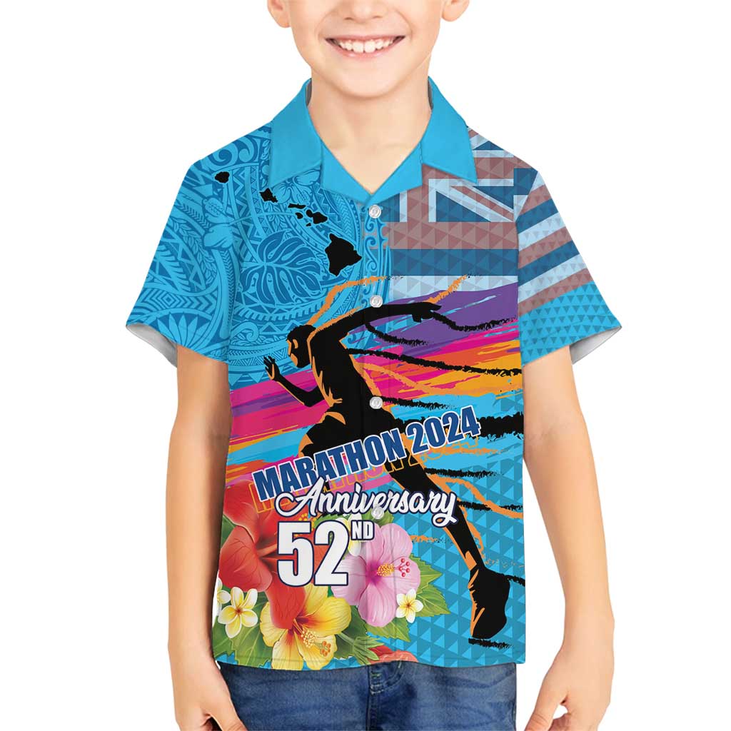 Honolulu Anniversary 52nd Running Family Matching Puletasi and Hawaiian Shirt Marathon Competition Kakau Pattern Blue Color LT03 Son's Shirt Blue - Polynesian Pride