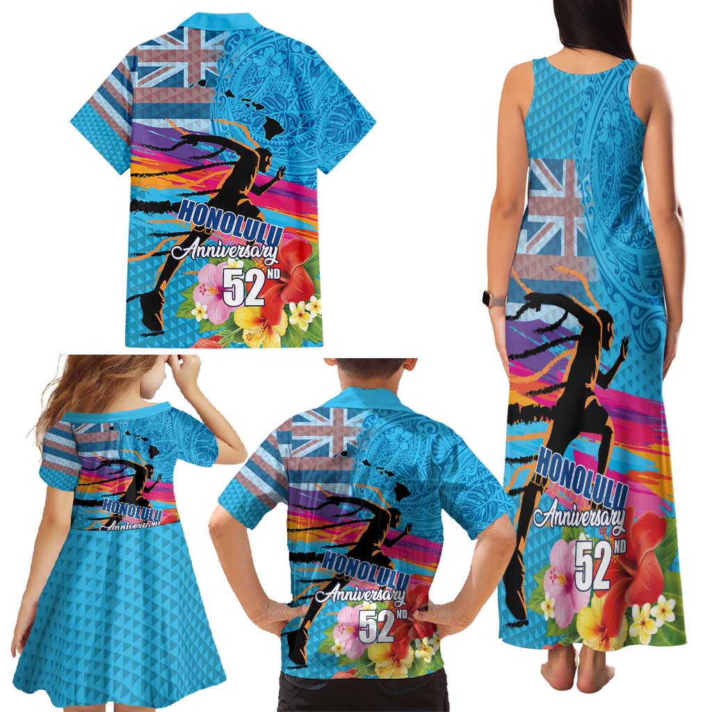Honolulu Anniversary 52nd Running Family Matching Tank Maxi Dress and Hawaiian Shirt Marathon Competition Kakau Pattern Blue Color