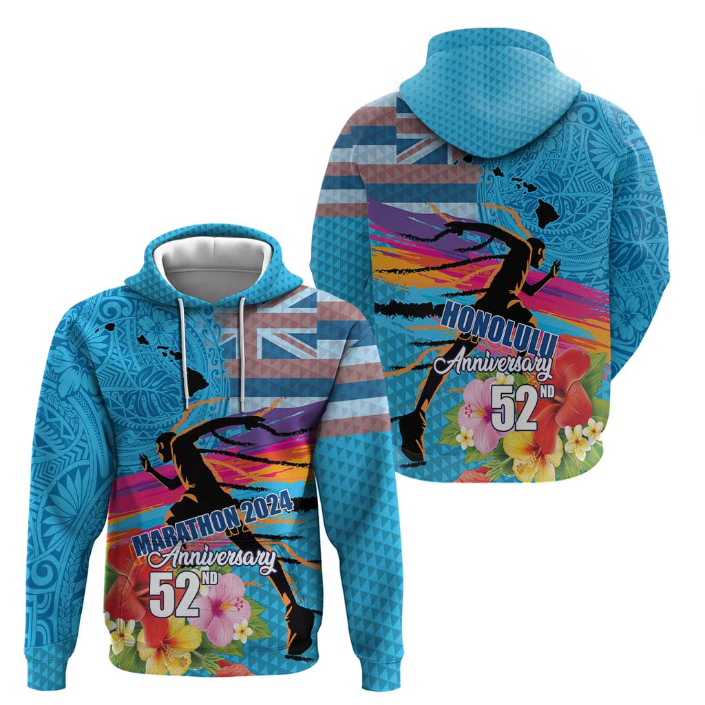 Honolulu Anniversary 52nd Running Hoodie Marathon Competition Kakau Pattern Blue Color LT03 - Polynesian Pride